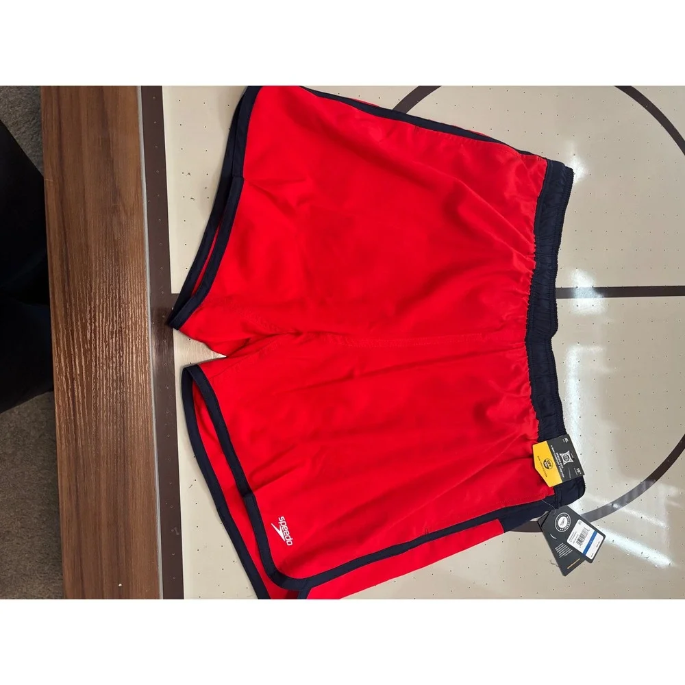 588 Speedo Men Eco Comfort Stretch Swim Trunks Red Navy Blue 16in Outseam XL NEW